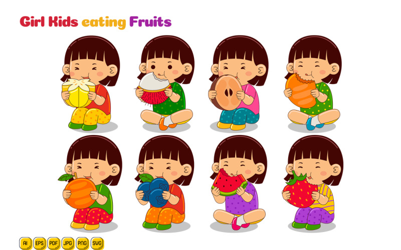 Girl Kids eating Fruits Vector Pack #03 Vector Graphic