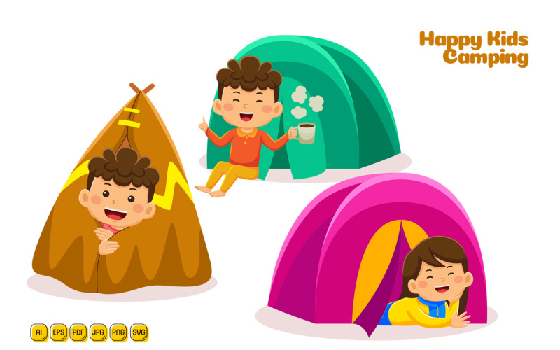 Happy Kids Camping Vector Illustration 01 Vector Graphic