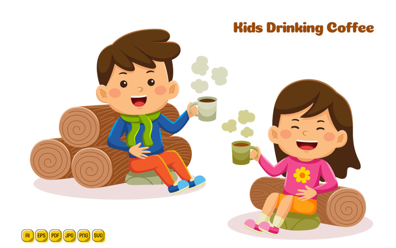 Kids Drinking Coffee Vector Illustration 01 Vector Graphic