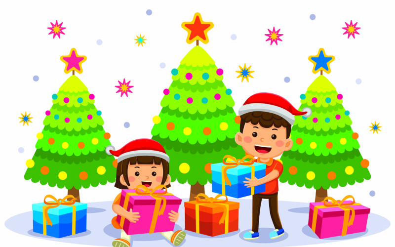 Kids Get Christmas Gifts Vector Illustration Vector Graphic