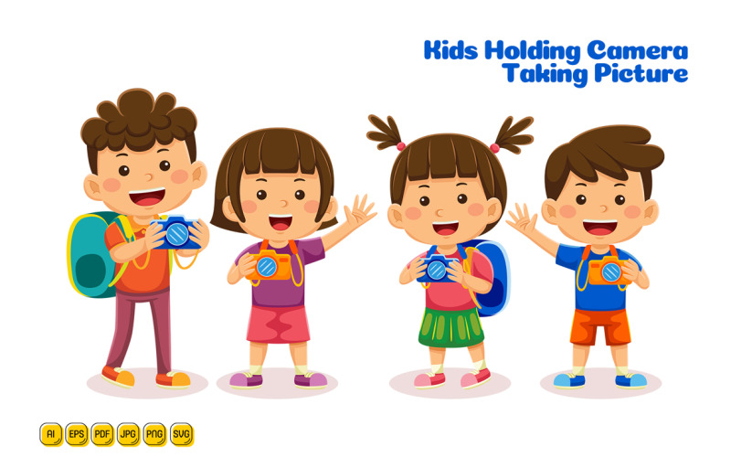 Kids holding Camera taking Picture Vector Illustration 01 Vector Graphic