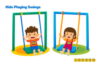 Kids Playing Swings Vector Illustration 02