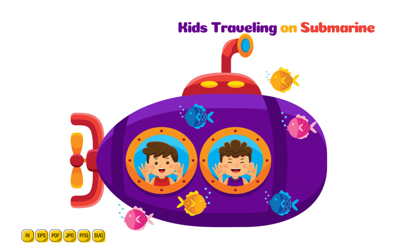 Kids Traveling on Submarine Vector Illustration 01 Vector Graphic