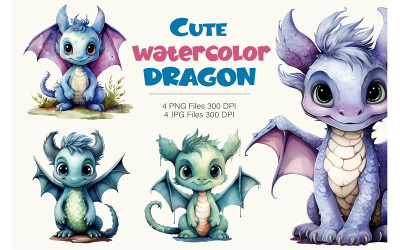 Cute Watercolor Dragon. TShirt Sticker. Illustration