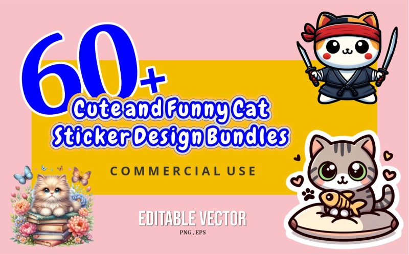 60+ Cute and Funny Cat Sticker Design Bundles Vector Graphic
