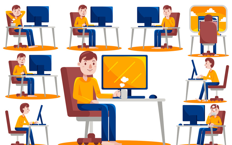 Man Working with Computer at Home Vector Graphic