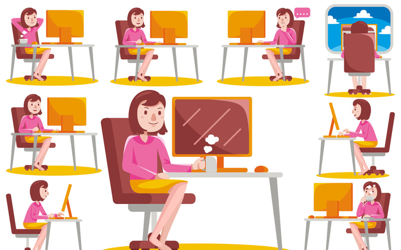 Woman Working with Computer at Home Vector Graphic
