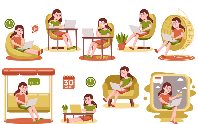 Woman Working with Laptop at Home Vector Graphic