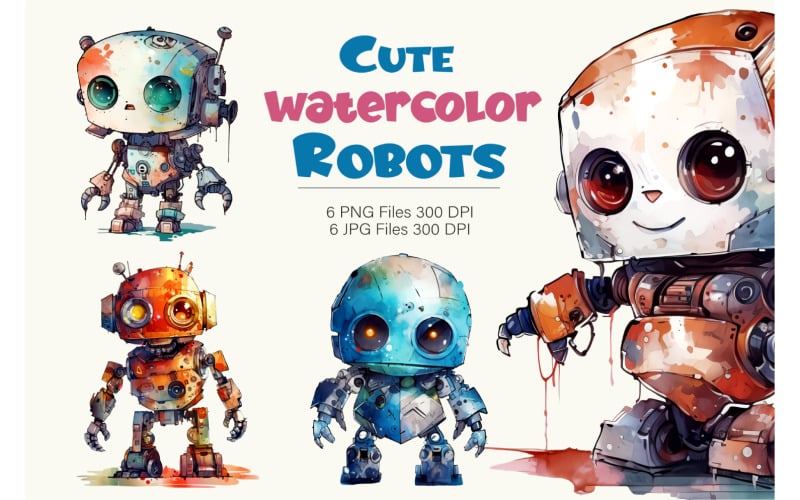 Cute Watercolor Robots. TShirt Sticker. Illustration