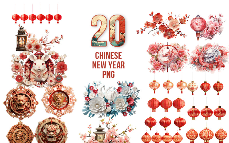 Happy Chinese new year dragon, lantern and flowers elements transparent background Background