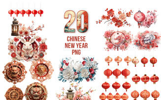 Happy Chinese new year dragon, lantern and flowers elements transparent background