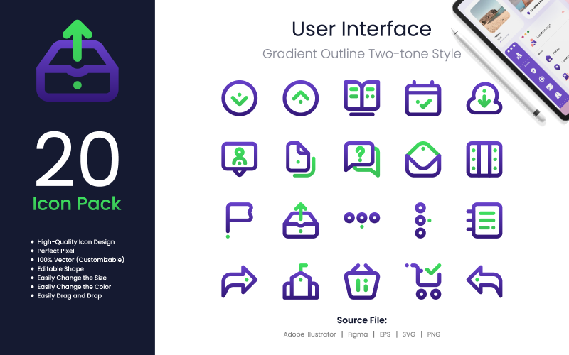 User Interface Icon Pack Gradient Outline Two-Tone Style 2 Icon Set