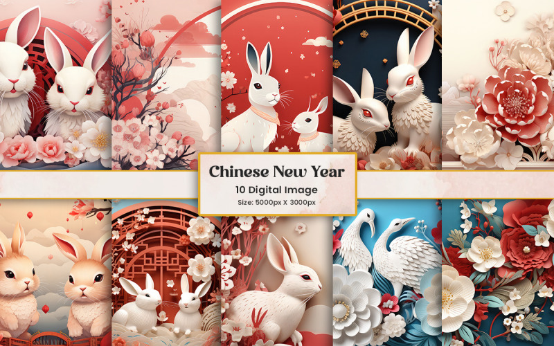 Happy Chinese New Year Background Bundle and Traditional chinese texture digital paper