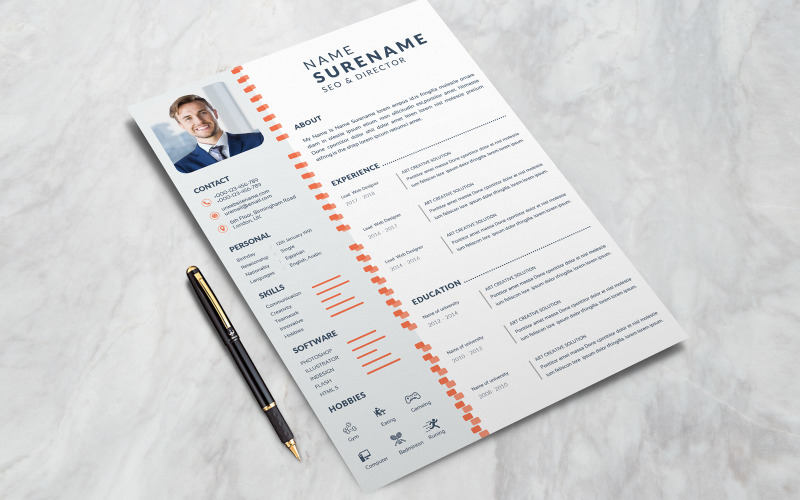 Corporate resume curriculum Layout with White Accents Resume Template
