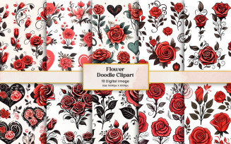 Rose flower doodle sticker clipart, Floral elements pattern decoration isolated on white background