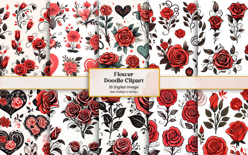 Rose flower doodle sticker clipart, Floral elements pattern decoration isolated on white background Background