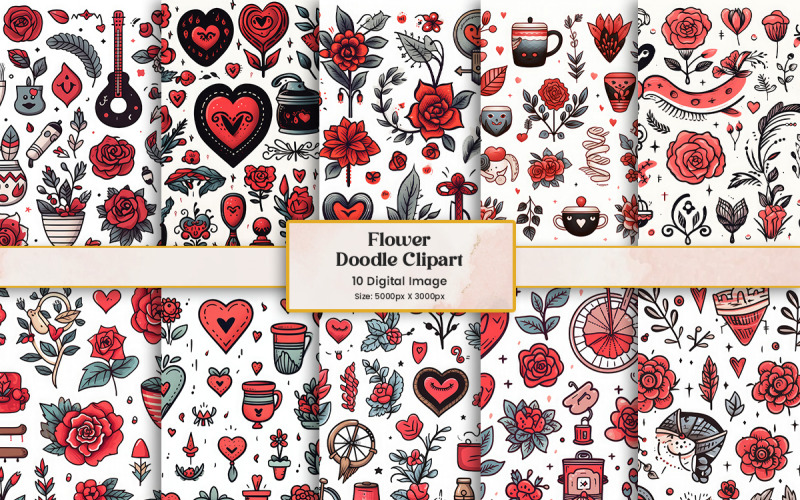 Rose flower doodle sticker clipart, Floral elements pattern decoration on white background Background