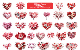 Set of Valentine red and pink heart shape flower decoration isolated on transparent background