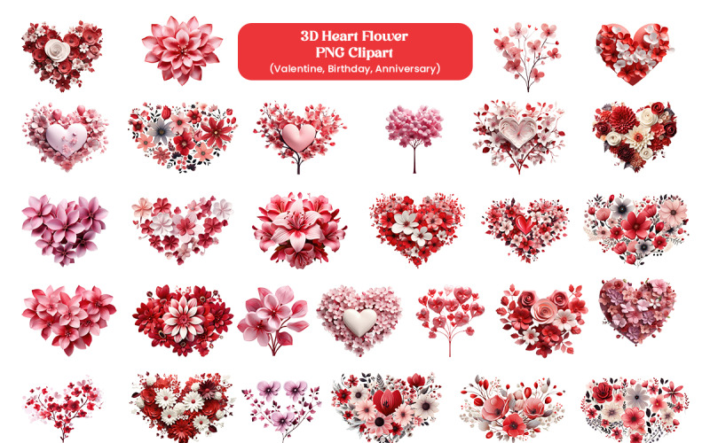 Set of Valentine red and pink heart shape flower decoration isolated on transparent background Background