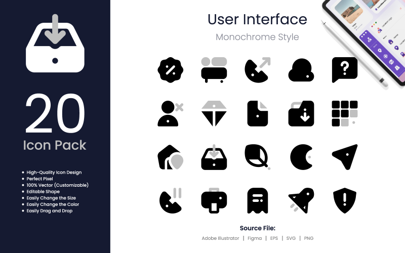 User Interface Icon Pack Monochrome Style 2 Icon Set