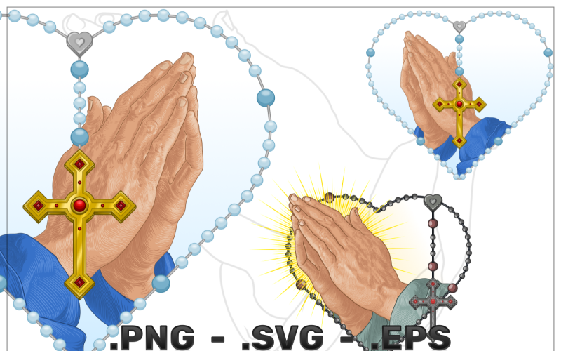 Vector Design of Praying Hands with Heart Shaped Rosary Vector Graphic