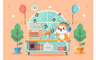 Vector World Radio Day with a Cat Character Illustration