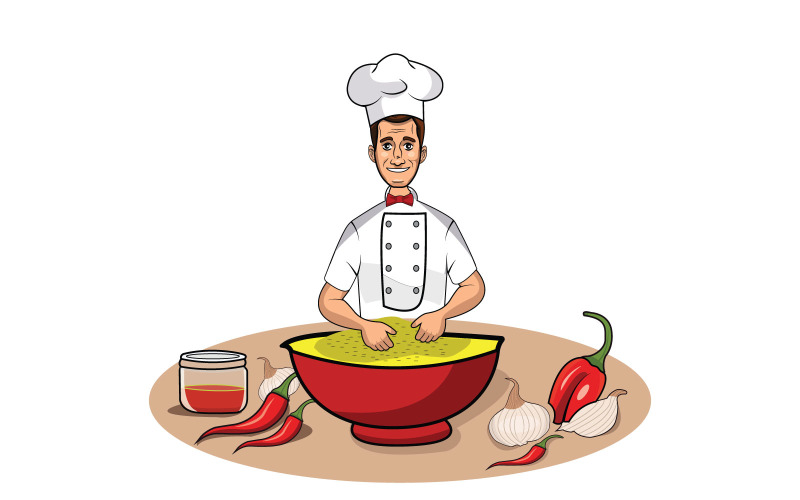 Chef cooking a meal in a big pot vector illustration Illustration