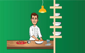 Chef cooking and preparing meal in kitchen in green background