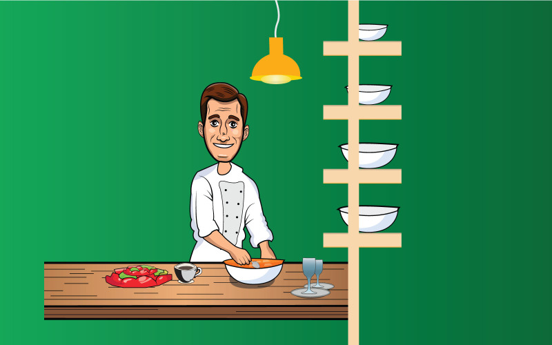 Chef cooking and preparing meal in kitchen in green background Illustration