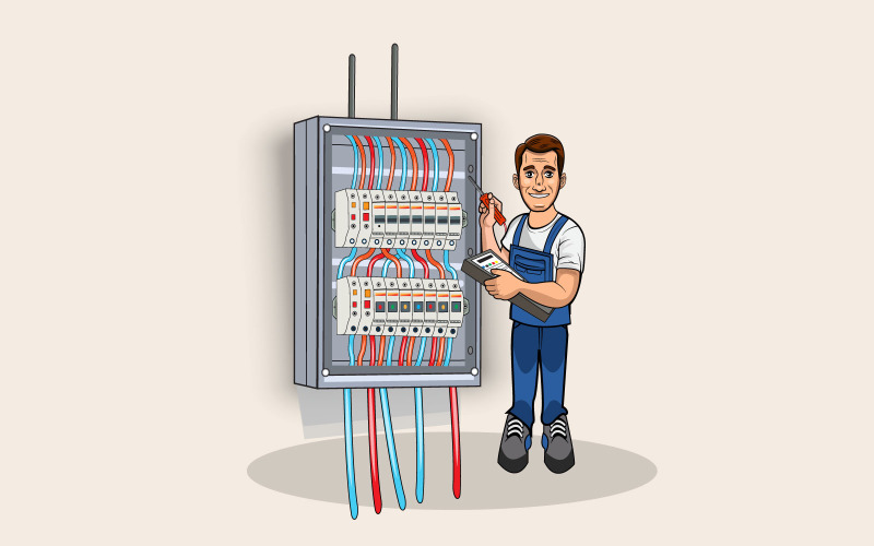 Electrician checking breaker switch box vector illustration Illustration