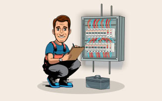 Electrician checking cables of switchboard panel Illustration