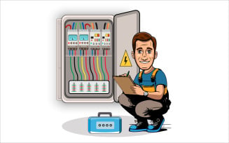 Handyman checking cables of switchboard illustration