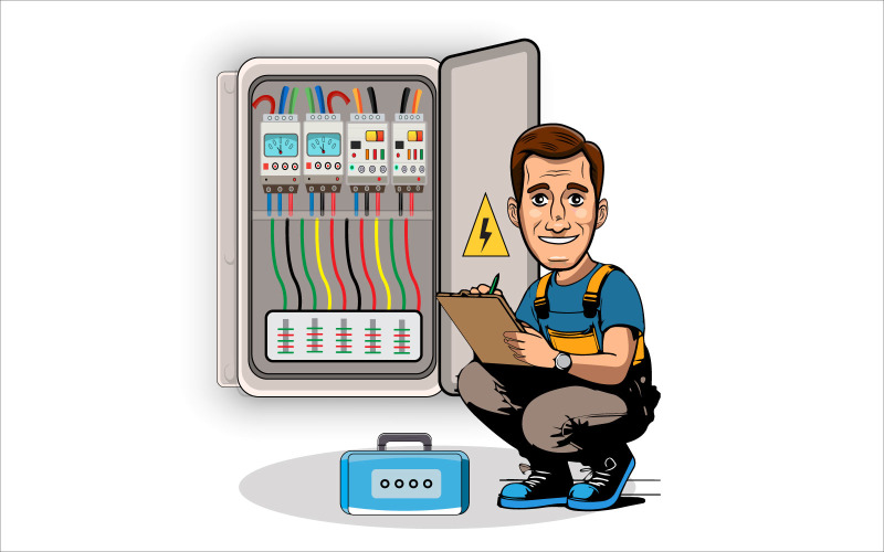 Handyman checking cables of switchboard illustration Illustration