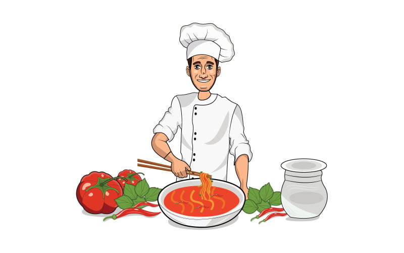 Happy chef cooking noodles soup with chopsticks cartoon art illustration. Illustration