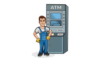 Happy man standing at ATM machine vector illustration