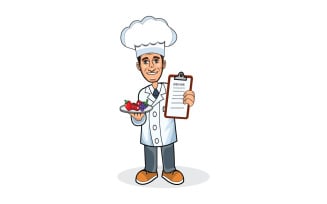 Waiter holding a tray of fruits and showing menu card illustration