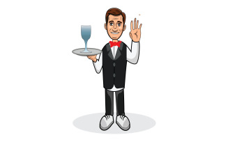 Waiter smiles and holds tray with glass of juice illustration