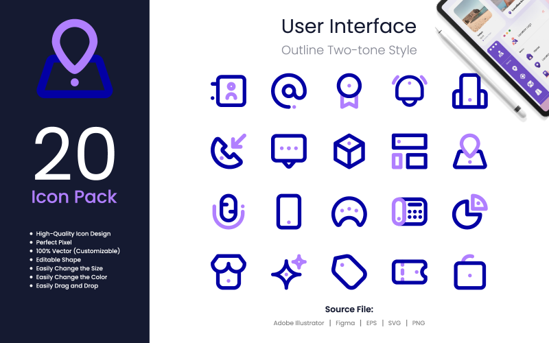 User Interface Icon Pack Outline Two-Tone Style 2 Icon Set