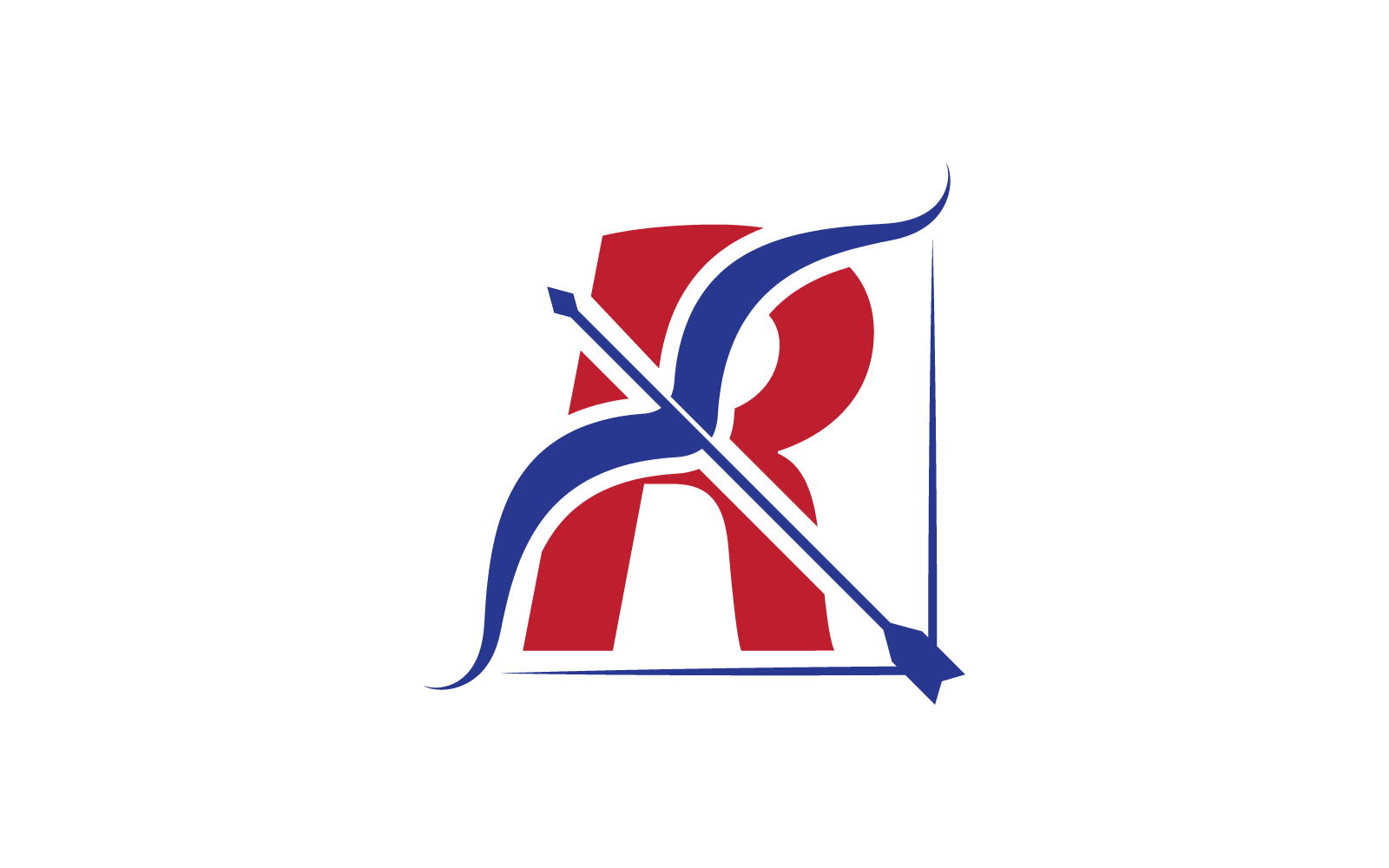 Logo di tiro con l&amp;#39;arco con design piatto dell&amp;#39;illustrazione vettoriale della lettera iniziale R