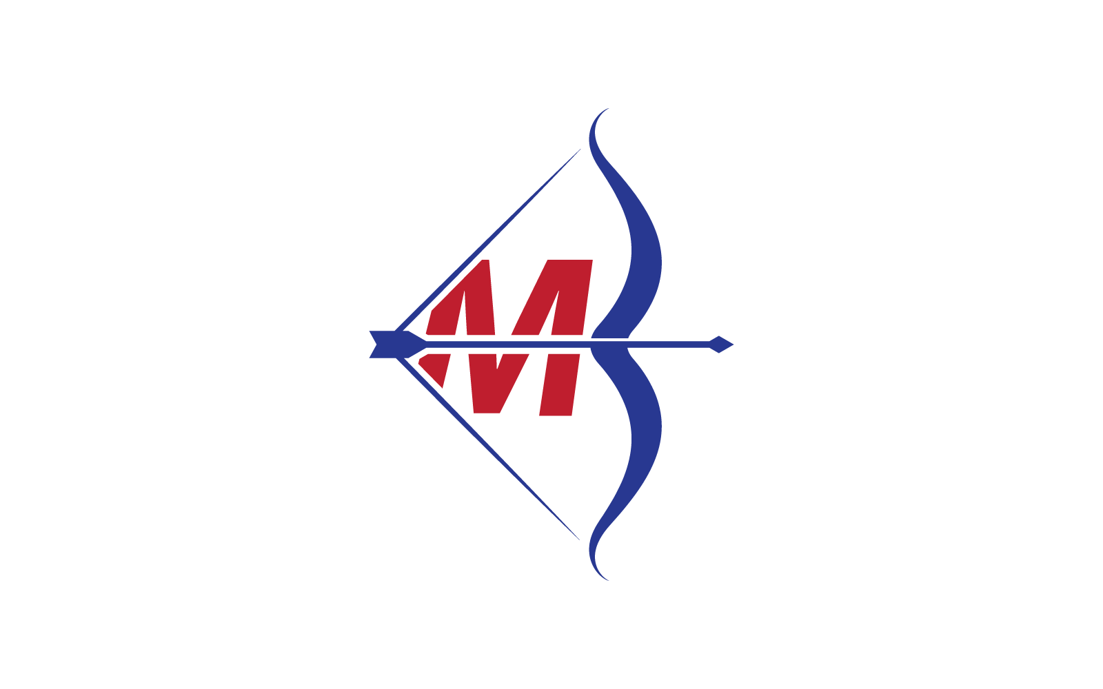 Logo łucznictwa z początkową literą M, wektorową ilustracją, płaska konstrukcja
