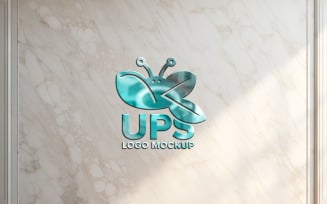 Realistic 3d logo mockup on wall, Close up on simple and 3d cyan logo mockup on marble wall texture