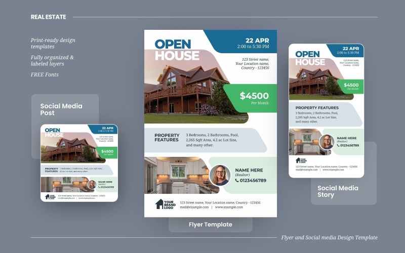 Real estate open house flyer, social media post and story template, Real Estate Services Corporate Identity