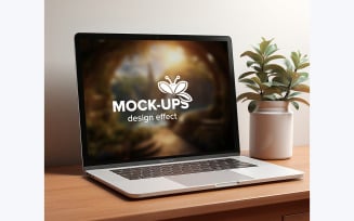 Laptop on wood table background mock up, Website template on laptop screen, Laptop mock-up isolated