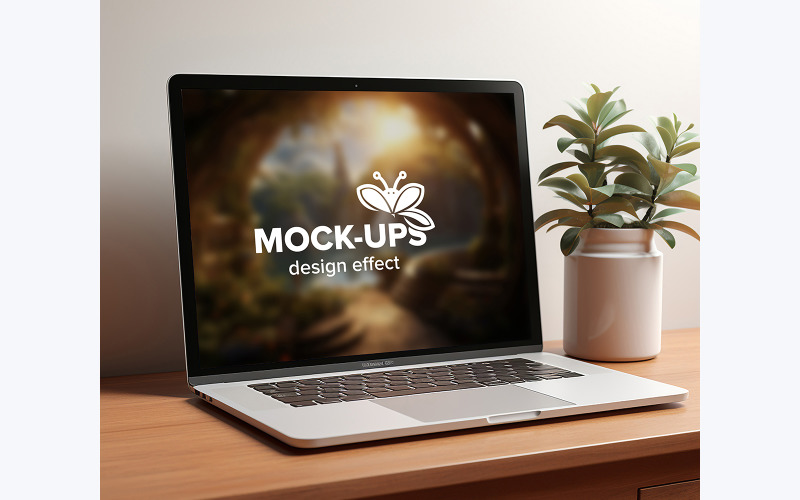 Laptop on wood table background mock up, Website template on laptop screen, Laptop mock-up isolated Product Mockup