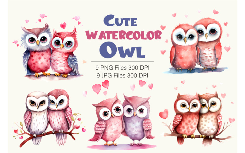 Cute Owls for Valentines Day. Watercolor. Illustration