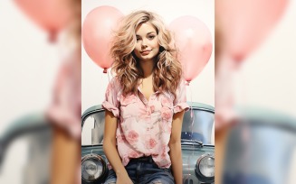 Girl on Blue Retro car with Pink Balloon Celebrating Valentine day 02
