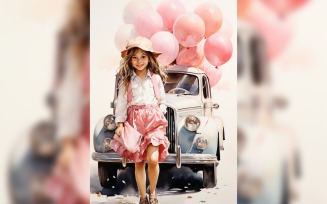 Girl on Blue Retro car with Pink Balloon Celebrating Valentine day 03