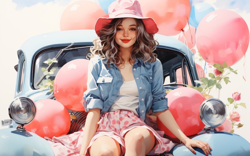Girl on Blue Retro car with Pink Balloon Celebrating Valentine day 04 Illustration