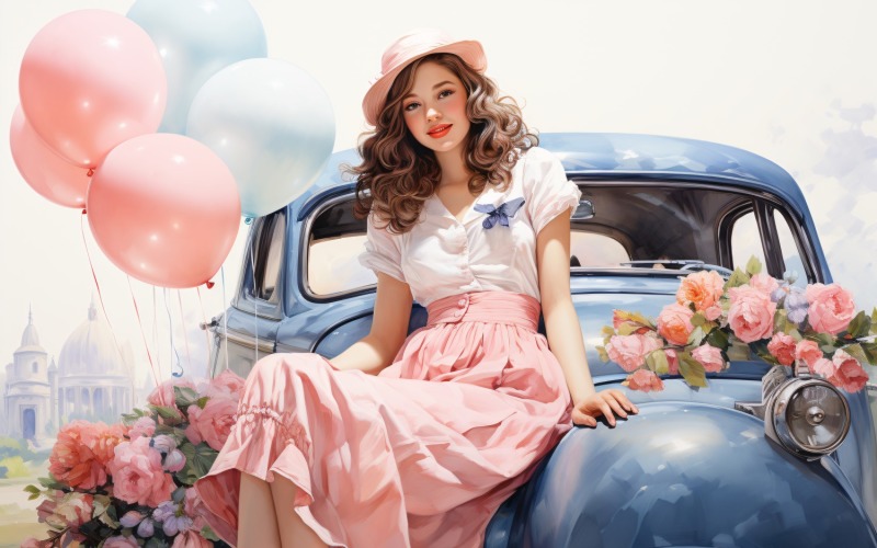 Girl on Blue Retro car with Pink Balloon Celebrating Valentine day 05 Illustration