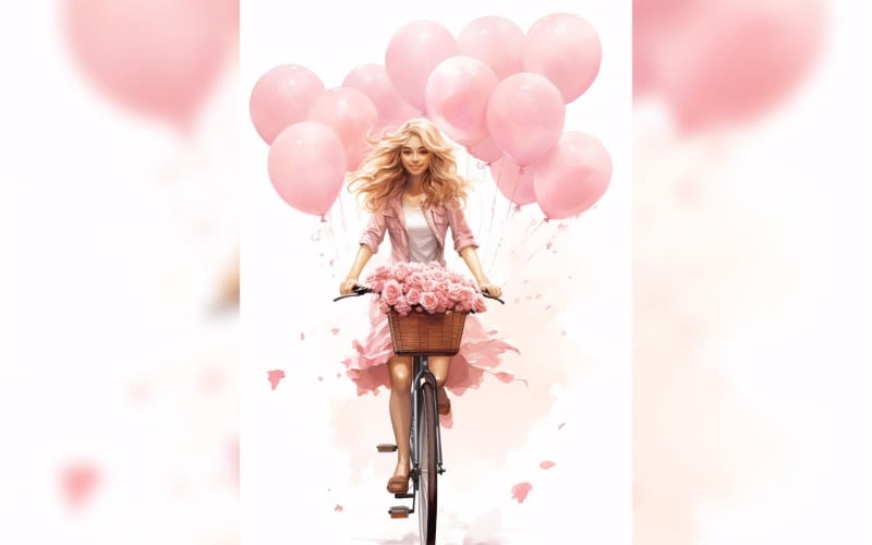 Girl on Cycle with Pink Balloon Celebrating Valentine day 01 Illustration